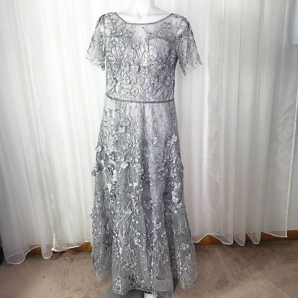 Montage by Mon Cheri silver gray sparkle beaded floral gown size 16
